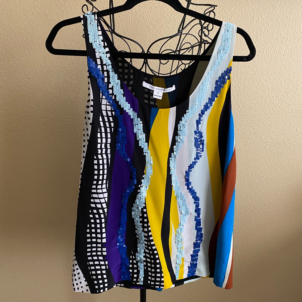 Diane Von Furstenberg Multicolor Tania Striped Sequin Silk Glass Patch Top
